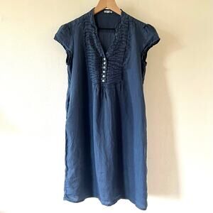 Pure Lino 100% Flax Linen Navy Cap Sleeve Shift Dress Size Small Made In Italy